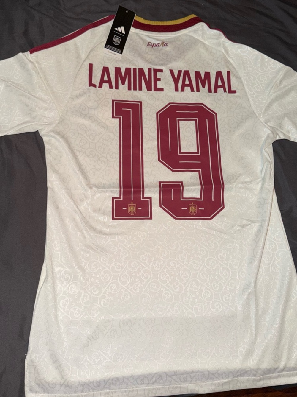 adidas Spain Lamine Yamal #19 White and Burgundy Soccer Jersey